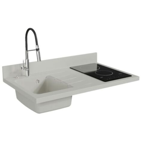Plan de travail monobloc PlaniQuartz avec évier - 100 cm - Snova - évier à gauche - Plaque de cuisson Vitrocéramique