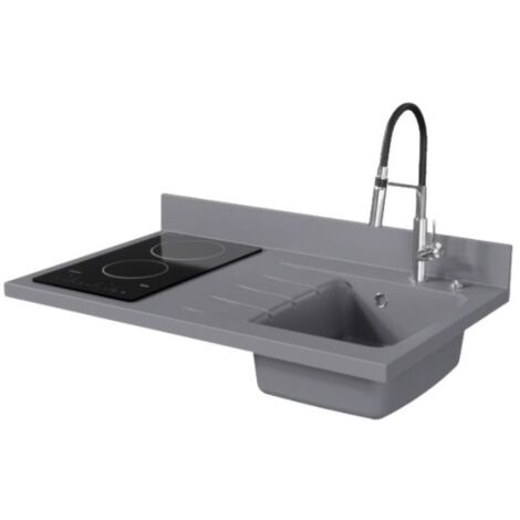 Plan de travail monobloc PlaniQuartz avec évier - 100 cm - Cromo - évier à droite - Plaque de cuisson Vitrocéramique