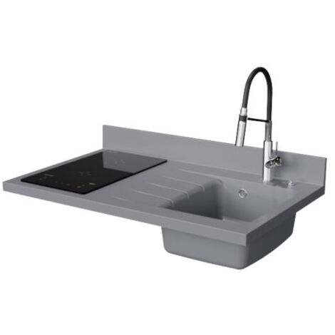 Plan de travail monobloc PlaniQuartz avec évier - 100 cm - Cromo - évier à droite - Plaque de cuisson Induction