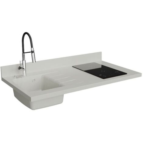 Plan de travail monobloc PlaniQuartz avec évier - 120 cm - Snova - évier à gauche - Plaque de cuisson Induction