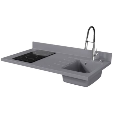 Plan de travail monobloc PlaniQuartz avec évier - 120 cm - Cromo - évier à droite - Plaque de cuisson Vitrocéramique