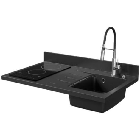 Plan de travail monobloc PlaniQuartz avec évier - 100 cm - Nero - évier à droite - Plaque de cuisson Vitrocéramique