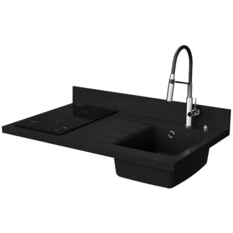 Plan de travail monobloc PlaniQuartz avec évier - 100 cm - Nero - évier à droite - Plaque de cuisson Induction
