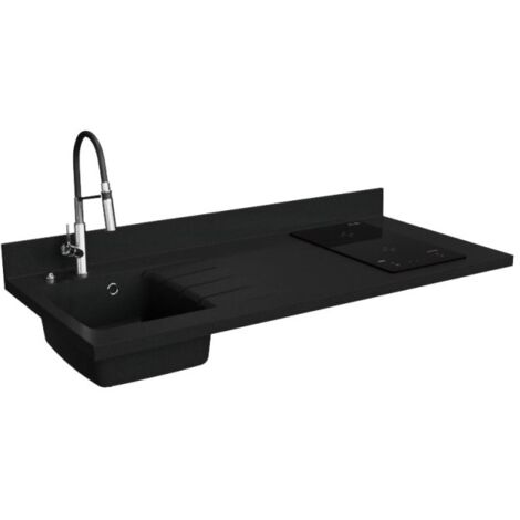 Plan de travail monobloc PlaniQuartz avec évier - 140 cm - Nero - évier à gauche - Plaque de cuisson Induction
