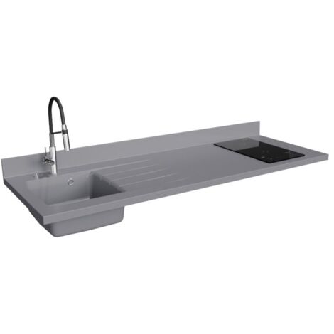 Plan de travail monobloc PlaniQuartz avec évier - 180 cm - Cromo - évier à gauche - Plaque de cuisson Induction