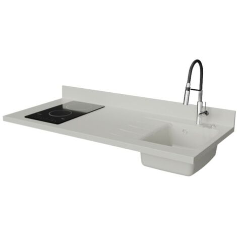 Plan de travail monobloc PlaniQuartz avec évier - 140 cm - Snova - évier à droite - Plaque de cuisson Vitrocéramique