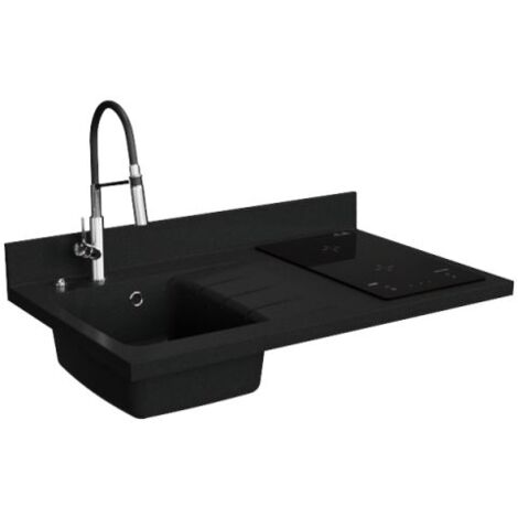 Plan de travail monobloc PlaniQuartz avec évier - 100 cm - Nero - évier à gauche - Plaque de cuisson Induction