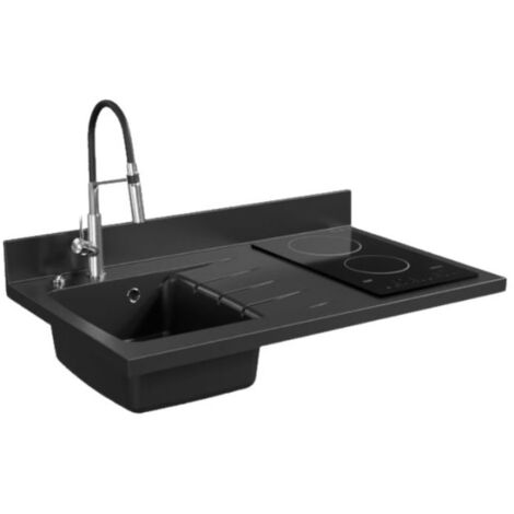 Plan de travail monobloc PlaniQuartz avec évier - 100 cm - Nero - évier à gauche - Plaque de cuisson Vitrocéramique
