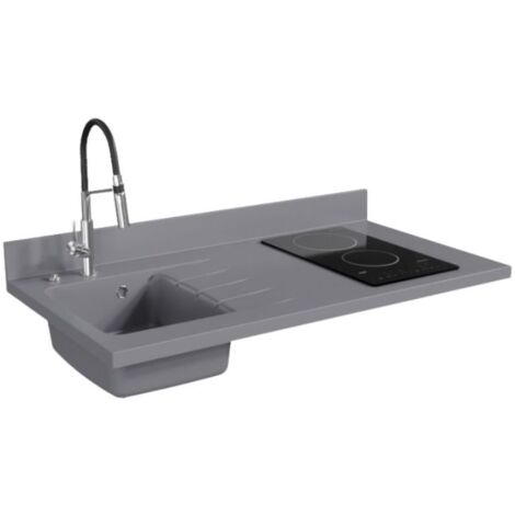 Plan de travail monobloc PlaniQuartz avec évier - 120 cm - Cromo - évier à gauche - Plaque de cuisson Vitrocéramique