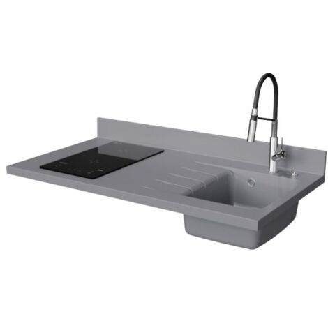 Plan de travail monobloc PlaniQuartz avec évier - 120 cm - Cromo - évier à droite - Plaque de cuisson Induction (1/5)