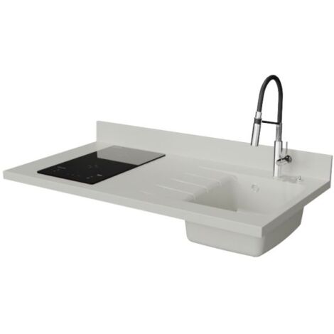 Plan de travail monobloc PlaniQuartz avec évier - 120 cm - Snova - évier à droite - Plaque de cuisson Induction