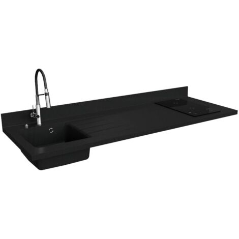 Plan de travail monobloc PlaniQuartz avec évier - 180 cm - Nero - évier à gauche - Plaque de cuisson Induction