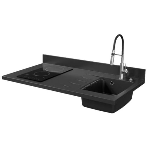 Plan de travail monobloc PlaniQuartz avec évier - 120 cm - Nero - évier à droite - Plaque de cuisson Vitrocéramique