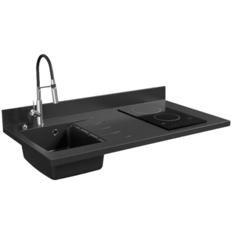Plan de travail monobloc PlaniQuartz avec évier - 120 cm - Nero - évier à gauche - Plaque de cuisson Vitrocéramique