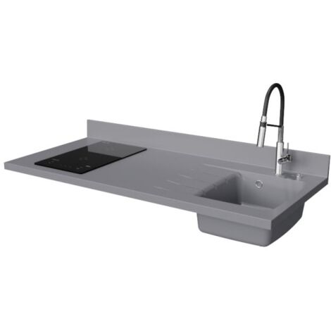 Plan de travail monobloc PlaniQuartz avec évier - 140 cm - Cromo - évier à droite - Plaque de cuisson Induction