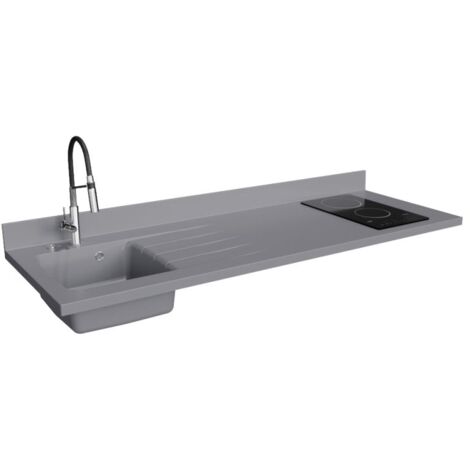 Plan de travail monobloc PlaniQuartz avec évier - 180 cm - Cromo - évier à gauche - Plaque de cuisson Vitrocéramique