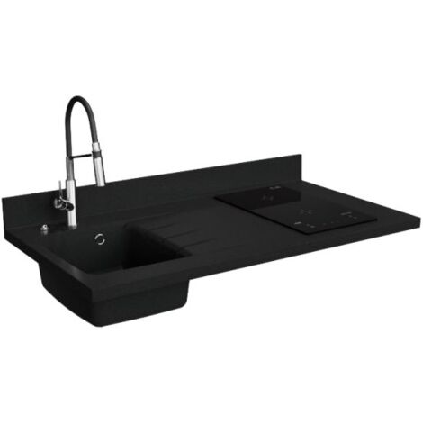 Plan de travail monobloc PlaniQuartz avec évier - 120 cm - Nero - évier à gauche - Plaque de cuisson Induction