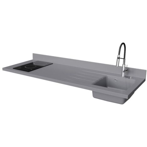 Plan de travail monobloc PlaniQuartz avec évier - 180 cm - Cromo - évier à droite - Plaque de cuisson Vitrocéramique
