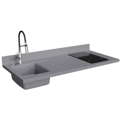 Plan de travail monobloc PlaniQuartz avec évier - 140 cm - Cromo - évier à gauche - Plaque de cuisson Induction