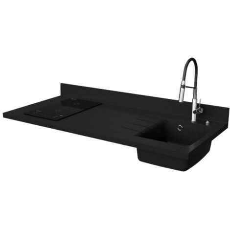 Plan de travail monobloc PlaniQuartz avec évier - 140 cm - Nero - évier à droite - Plaque de cuisson Induction