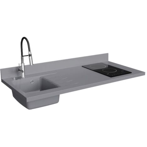 Plan de travail monobloc PlaniQuartz avec évier - 140 cm - Cromo - évier à gauche - Plaque de cuisson Vitrocéramique