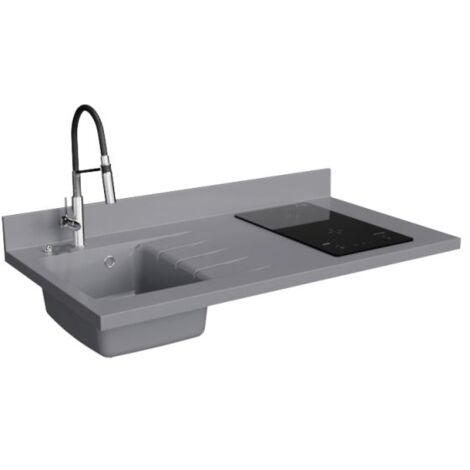 Plan de travail monobloc PlaniQuartz avec évier - 120 cm - Cromo - évier à gauche - Plaque de cuisson Induction