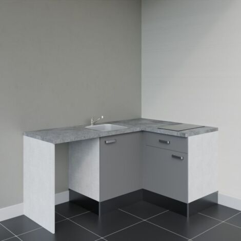 Kitchenette d'angle KA01L-PT avec plan de travail et évier - Façade Gris - Plan Gris béton - Evier Inox - Crédences Non
