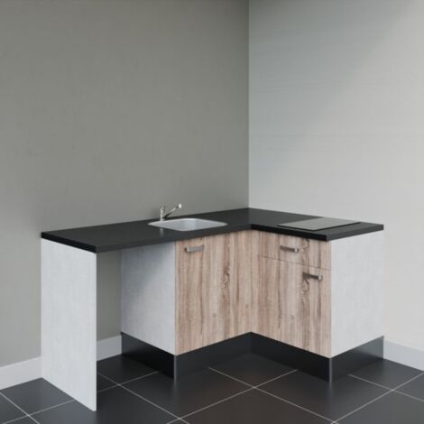 Kitchenette d'angle KA01L-PT avec plan de travail et évier - Façade Bois - Plan Noir texturé - Evier Inox - Crédences Non