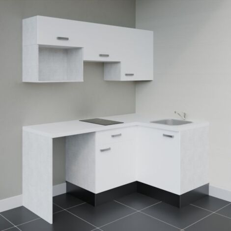Kitchenette d'angle KA03L-PT avec plan de travail et évier Façade Blanc - Plan Blanc - Evier