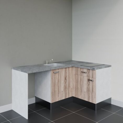 Kitchenette d'angle KA01L-PT avec plan de travail et évier - Façade Bois - Plan Gris béton - Evier Inox - Crédences Non