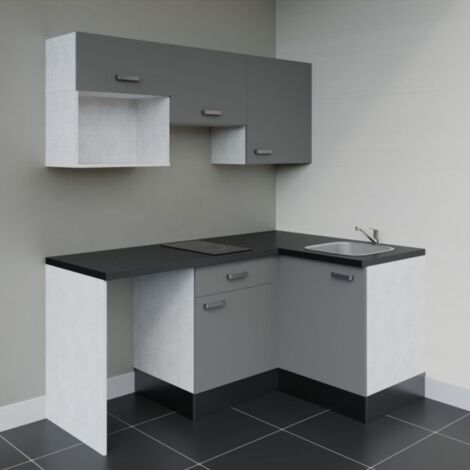 Kitchenette d'angle KA03L-PT avec plan de travail et évier - Façade Gris - Plan Noir texturé - Evier Inox - Crédences Non