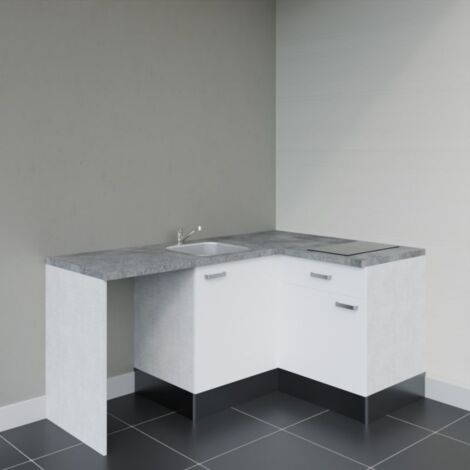 Kitchenette d'angle KA01L-PT avec plan de travail et évier - Façade Blanc - Plan Gris béton - Evier Inox - Crédences Non