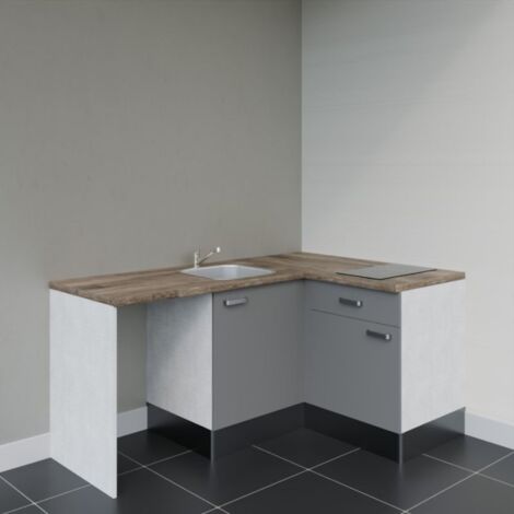 Kitchenette d'angle KA01L-PT avec plan de travail et évier - Façade Gris - Plan Bois - Evier Inox - Crédences Non