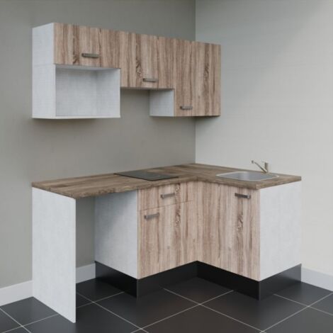 Kitchenette d'angle KA03L-PT avec plan de travail et évier - Façade Bois - Plan Bois - Evier Inox - Crédences Non