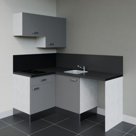Kitchenette d'angle KA02L-PT avec plan de travail et évier - Façade Gris - Plan Noir texturé - Evier Inox - Crédences Oui (1/5)