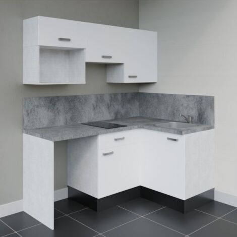 Kitchenette d'angle KA03L-PT avec plan de travail et évier - Façade Blanc - Plan Gris béton - Evier Inox - Crédences Oui