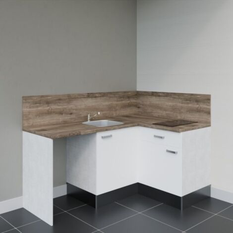 Kitchenette d'angle KA01L-PT avec plan de travail et évier - Façade Blanc - Plan Bois - Evier Inox - Crédences Oui