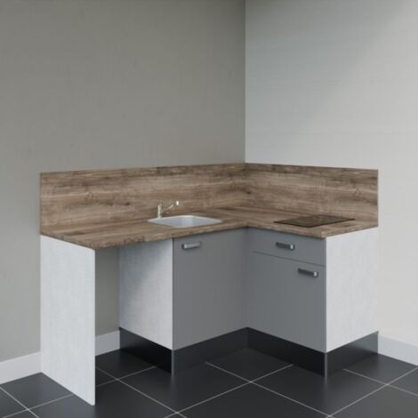 Kitchenette d'angle KA01L-PT avec plan de travail et évier - Façade Gris - Plan Bois - Evier Inox - Crédences Oui