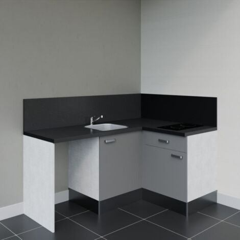 Kitchenette d'angle KA01L-PT avec plan de travail et évier - Façade Gris - Plan Noir texturé - Evier Inox - Crédences Oui