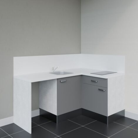 Kitchenette d'angle KA01L-PT avec plan de travail et évier Façade Gris - Plan Blanc - Evier