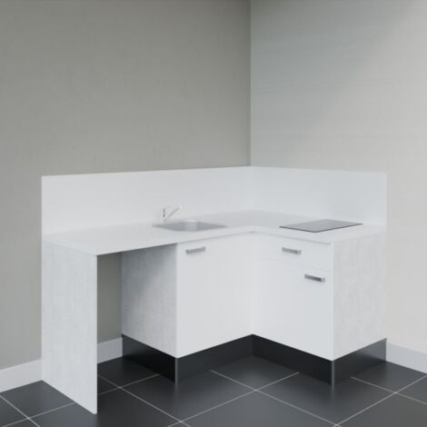 Kitchenette d'angle KA01L-PT avec plan de travail et évier Façade Blanc - Plan Blanc - Evier