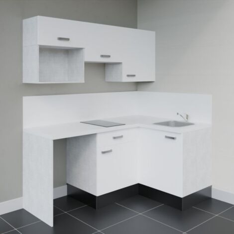 Kitchenette d'angle KA03L-PT avec plan de travail et évier Façade Blanc - Plan Blanc - Evier