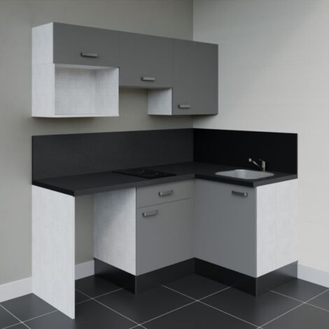 Kitchenette d'angle KA03L-PT avec plan de travail et évier - Façade Gris - Plan Noir texturé - Evier Inox - Crédences Oui (1/5)