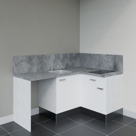 Kitchenette d'angle KA01L-PT avec plan de travail et évier - Façade Blanc - Plan Gris béton - Evier Inox - Crédences Oui