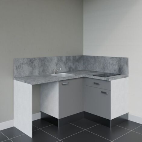 Kitchenette d'angle KA01L-PT avec plan de travail et évier - Façade Gris - Plan Gris béton - Evier Inox - Crédences Oui
