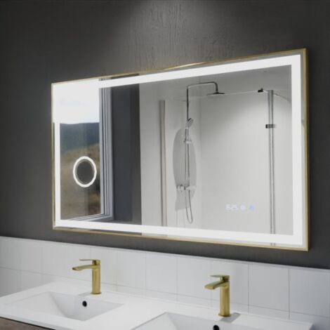 Miroir LED cadre doré CARA 120 cm x 70 cm - antibuée, horloge et loupe (1/3)