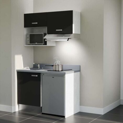 Kitchenette K02L - 120 cm avec plan monobloc, emplacement frigo, hotte et micro-ondes-Noir-Cromo-évier à gauche