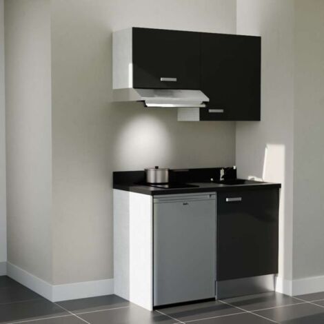 Kitchenette K01L - 120 cm - emplacements frigo top et hotte-Noir-Nero-évier à droite