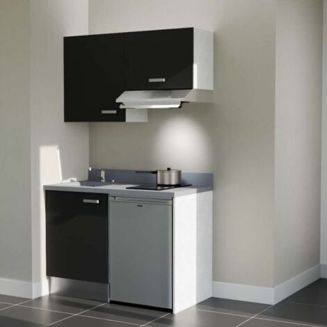 Kitchenette K01L - 120 cm - emplacements frigo top et hotte-Noir-Cromo-évier à gauche