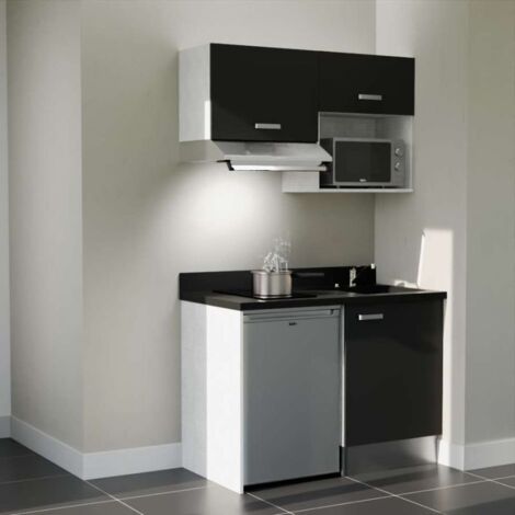 Kitchenette K02L - 120 cm avec plan monobloc, emplacement frigo, hotte et micro-ondes-Noir-Nero-évier à droite